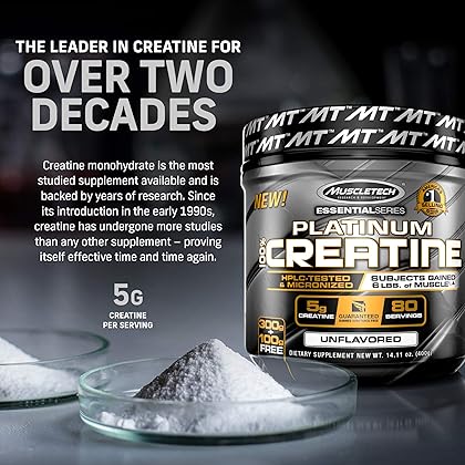 Creatine Monohydrate Powder | MuscleTech Platinum | Pure Micronized | Muscle Recovery + Builder for Men & Women | Workout Supplements | Unflavored (80 Servings)