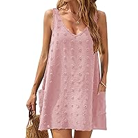 Blooming Jelly Womens Casual Sun Summer Dresses Swiss Polka Dot Beach Cover Up V Neck Tank Dress with Pockets