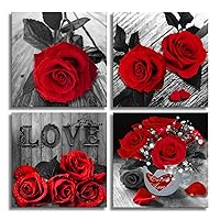 Canvas Wall Art Red Rose Painting Bathroom Accessories,Black and White Wall Art Flower Pictures Canvas Print Artwork for Living Room Bedroom Home Decorations 4 Pieces