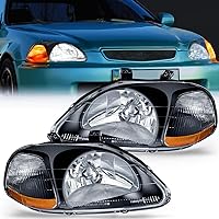 Nilight Headlight Assembly Compatible with 1996 1997 1998 Honda Civic Headlamps Replacement Black Housing Amber Reflector Upgraded Clear Lens Driver and Passenger Side, 2 Years Warranty