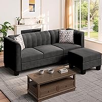 Upgraded Convertible Sectional Sofa Couch, 3 Seat L Shaped Sofa with High Armrest Linen Fabric Small Couch Mid Century for Living Room, Apartment and Office (Black)