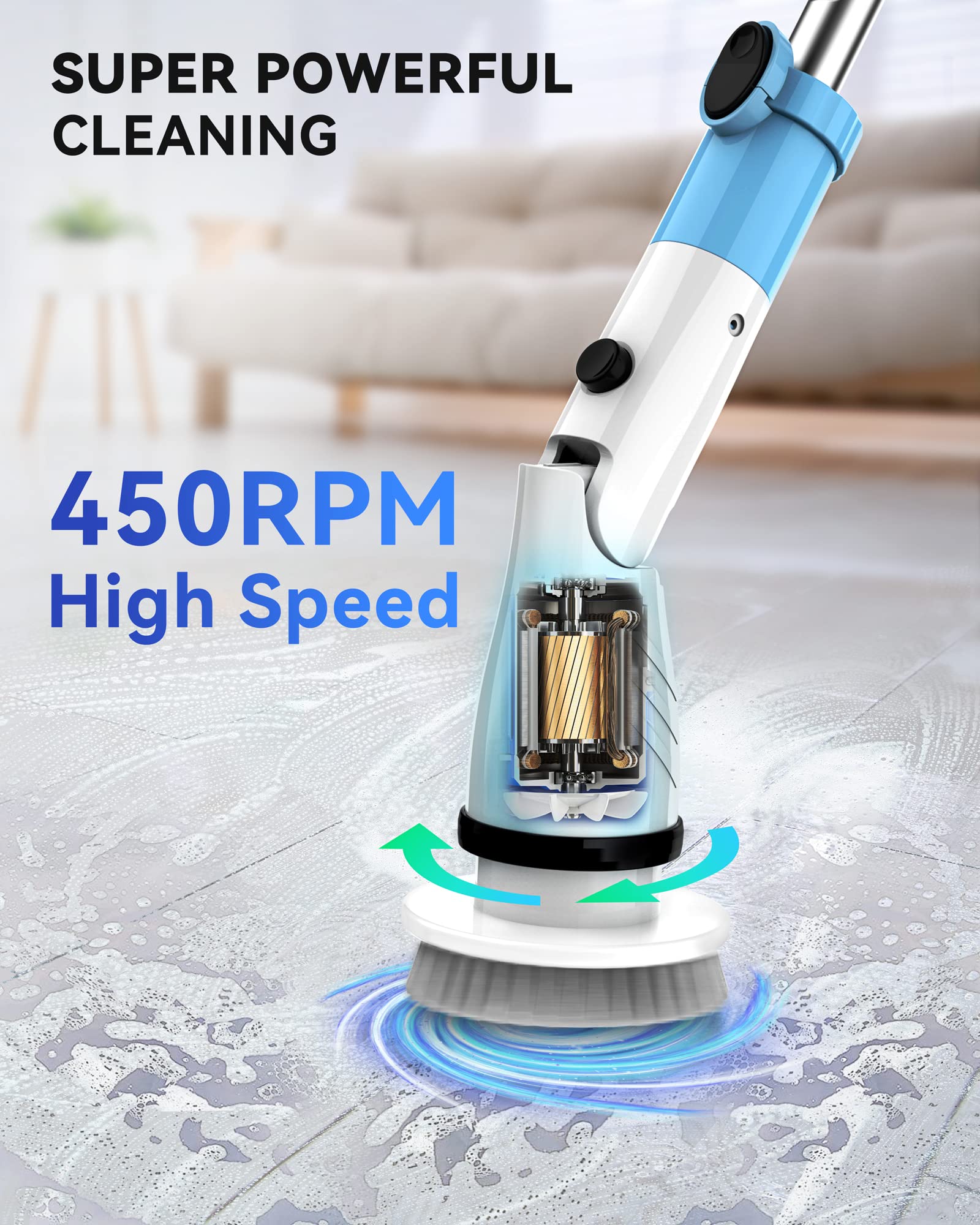 TASVAC Electric Spin Scrubber, 450RPM Cordless Shower Brush with 5 Replaceable Cleaning Heads and Adjustable Extension Arm, 1.5H Power Bathroom Scrubber for Bathtub, Grout, Tile, Floor, Wall, Sink