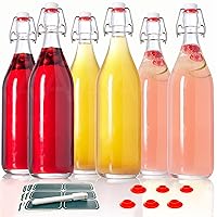 Otis Swing Top Glass Bottles with Plastic Caps - 1 Liter, 6 Pack - Clear Glass 32oz Bottle for Kombucha Fermenting, Beer Brewing, Juicing, Wine, Milk