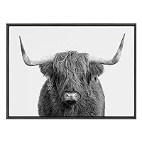 Kate and Laurel Sylvie B&W Highland Cow No. 1 Portrait Framed Canvas Wall Art by Amy Peterson Art Studio, 28x38 Gray, Rustic Farm Animal Art for Wall