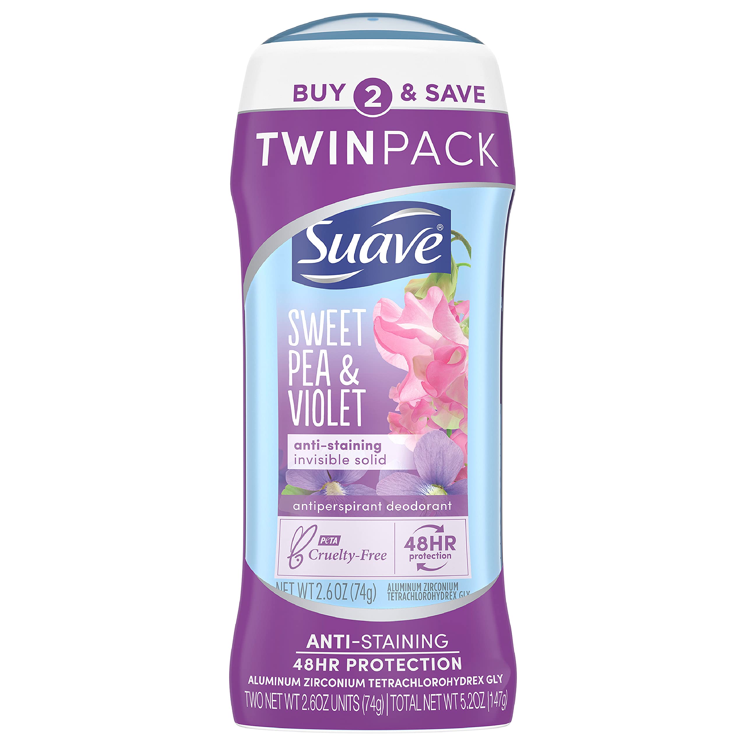 Suave Deodorant Antiperspirant Deodorant Stick 48-hour Odor and Wetness Protection Sweet Pea Violet Deodorant for Women, 2.6 Ounce (Pack of 2)