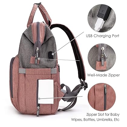 upsimples Diaper Bag Backpack Nappy Bag Baby Bags for Mom and Dad Maternity Diaper Bag with USB Charging Port Stroller Straps Thermal Pockets,Water Resistant, Pink Grey