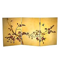 Red Lantern 2 ft. Short Double Sided Plum Tree Canvas Folding Screen 3 Panel Freestanding Partition and Separator for Modern and Contemporary Bedroom, Home Office, Studio, Dorm, Apartment