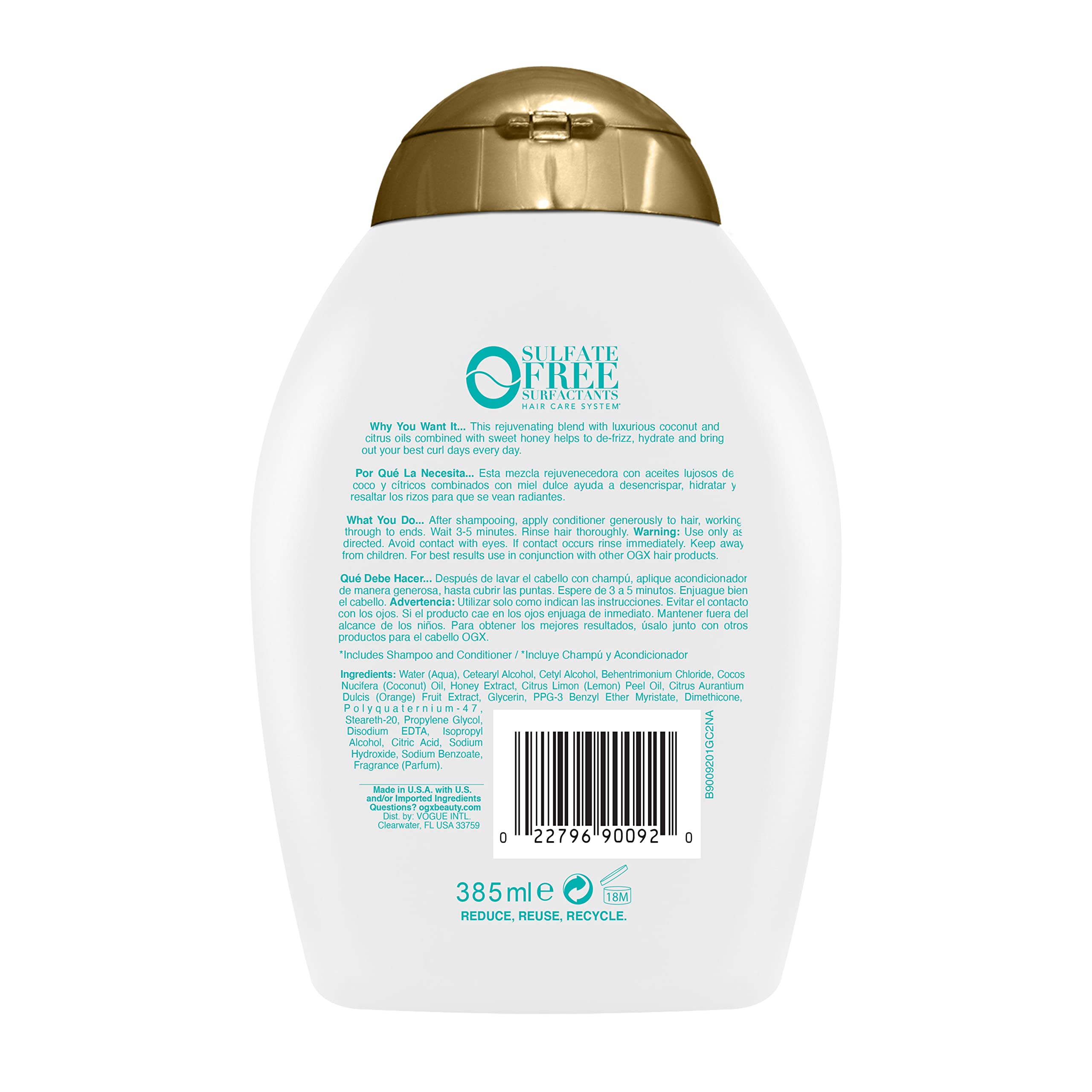OGX Quenching + Coconut Curls Curl-Defining Conditioner, Nourishing Curly Hair Conditioner with Coconut /Citrus Oil & Honey, Paraben-Free with Sulfate-Free Surfactants, 13oz