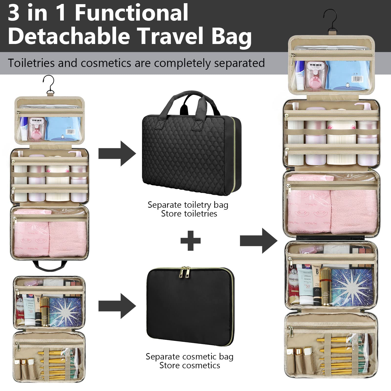 3-In-1 Detachable Hanging Travel Toiletry Bag, Large Capacity 5 Sections Makeup Cosmetic Bag with Luggage Belt, Waterproof Clear Compartment, Full-Sized Travel Organizer for Women (Black, Large)