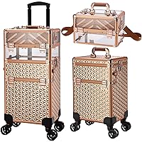 Professional Rolling Makeup Case, 3 in 1 Train Case on Wheels Large Makeup Trolley Salon Barber Traveling Trunk Suitcase for Cosmetology School Nail Tech Hairstylist MUA, Acrylic Rose Gold