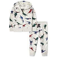 The Children's Place Baby Toddler Boys Long Sleeve Dino Print Fleece Zip Up Hoodie and Jogger Pants 2-Piece Set 2-Pack