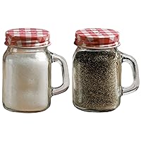66743 Mini Mason Jar Mug Glass Salt and Pepper Shakers with Metal Lids, Serving Food Container Glassware Dispensers 2-Piece Set, 5 oz, Red