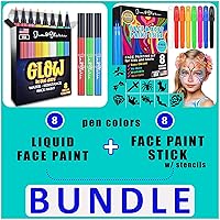 Jim&Gloria Face Paint Pen Glow In the Dark, Sweatproof, Smudge Proof WaterProof - 8 Neon Rainbow Colors + 8 Face Painting Kit with Reusable Sticker Stencils Twistable Large Pen