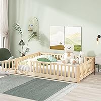 Full Size Floor Bed Frame with Safety Fence and Door, Wood Montessori Floor Bed with Slat Support,Toddler Floor Bed Frame for Kids Girls Boys,No Box Spring Needed, Natural