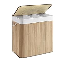 SONGMICS Laundry Hamper, 39.6 Gallons (150L), 3-Section Laundry Basket, Laundry Hamper with Lid, Bamboo, Foldable, Removable and Machine Washable Liner, for Laundry Room, Bedroom, Natural ULCB091N01