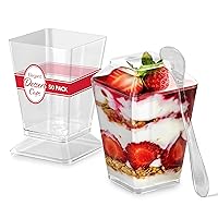 Stock Your Home 50 Pack 5 oz Elegant Mini Clear Plastic Dessert Cups with Lids and Spoons Square Parfait Cup w/Lid for Small Individual Desserts, Pudding Shooters, Appetizers, Trifle Shooter