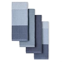 Basketweave Terrycloth Kitchen Towel 4-Pack Set, Absorbent 100% Cotton, Machine Washable, Blue, 16
