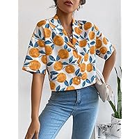 Women's Tops Sexy Tops for Women Women's Shirts Allover Fruit Print Lapel Collar Drop Shoulder Blouse (Size : Medium)