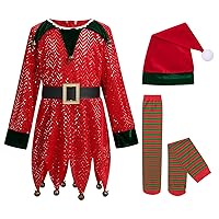 IDOPIP Christmas Elf Costume for Kids Girls Santa Elf Dress up Cosplay Xmas Suit Festival Outfit with Dress Belt Hat Sock Set