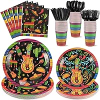 175 Pcs Mexican Fiesta Plates and Napkins, Disposable Fiesta Party Supplies Mexican Party Decorations Cinco de Mayo Decorations for Mexican Themed Party ,Taco Party, 25 Guests