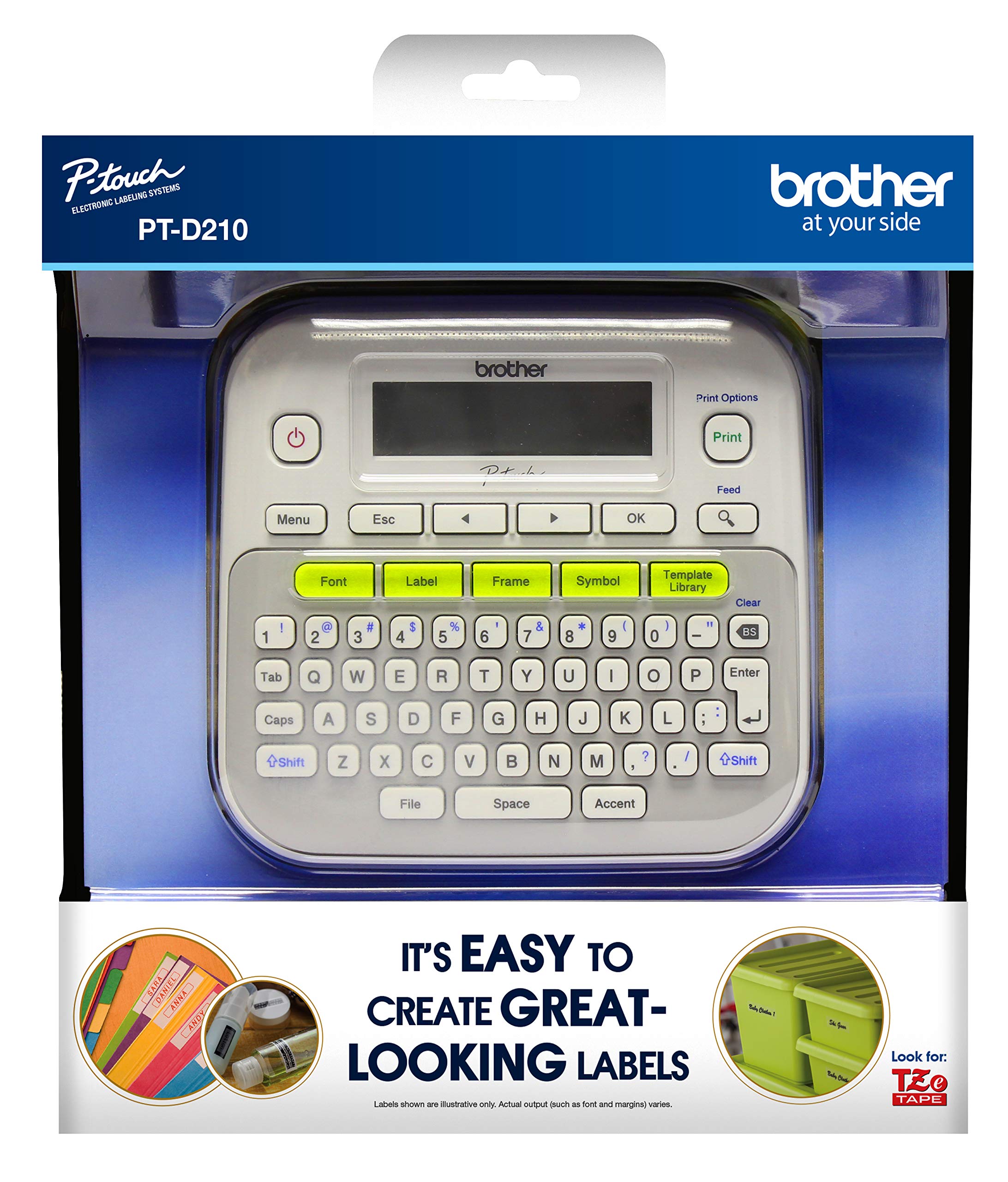 Brother P-touch, PTD210, Easy-to-Use Label Maker, One-Touch Keys, Multiple Font Styles, 27 User-Friendly Templates, White, Gray/White