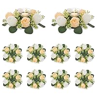 NUPTIO Flower Wedding Centerpieces for Tables - 10 Pcs 2.9 inch Inner Diam Small Champagne & White Artificial Flowers Fake Roses Candle Rings Wreaths Spring Summer Wreath for Front Door Weddings Party