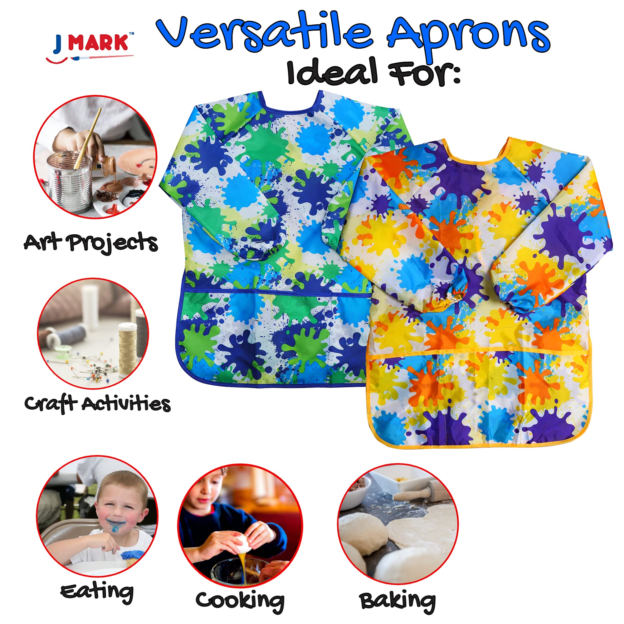 J MARK Waterproof Kids Art Smock Painting Apron 2 Pack Long Sleeve and 2 Pockets for Baking, Eating, Arts & Crafts