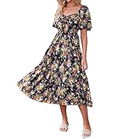 BTFBM Women Summer Dresses 2024 Casual Flowy Beach Square Neck Puff Short Sleeve Smocked Back Boho Floral Long Maxi Dress