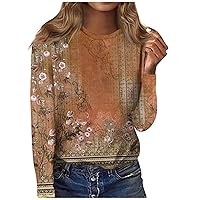 FYUAHI Fall Shirts for Women 2023 Women's Fashion Casual Long Sleeve Print Round Neck Pullover Top Blouse