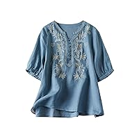 Women's Embroidery 3/4 Sleeves Cotton Linen Button Down Tunic Tops Blouse