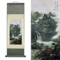 AtfArt Asian Wall Decor Beautiful Silk Scroll Painting Waterfall River Landscape Painting - Mountain Spring Autumn Color Oriental Decor Chinese Art Wall Scroll Hanging Painting Scroll (36.2 x 12 in)
