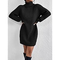 TLULY Sweater Dress for Women Turtleneck Raglan Sleeve Sweater Dress Sweater Dress for Women (Color : Black, Size : Large)