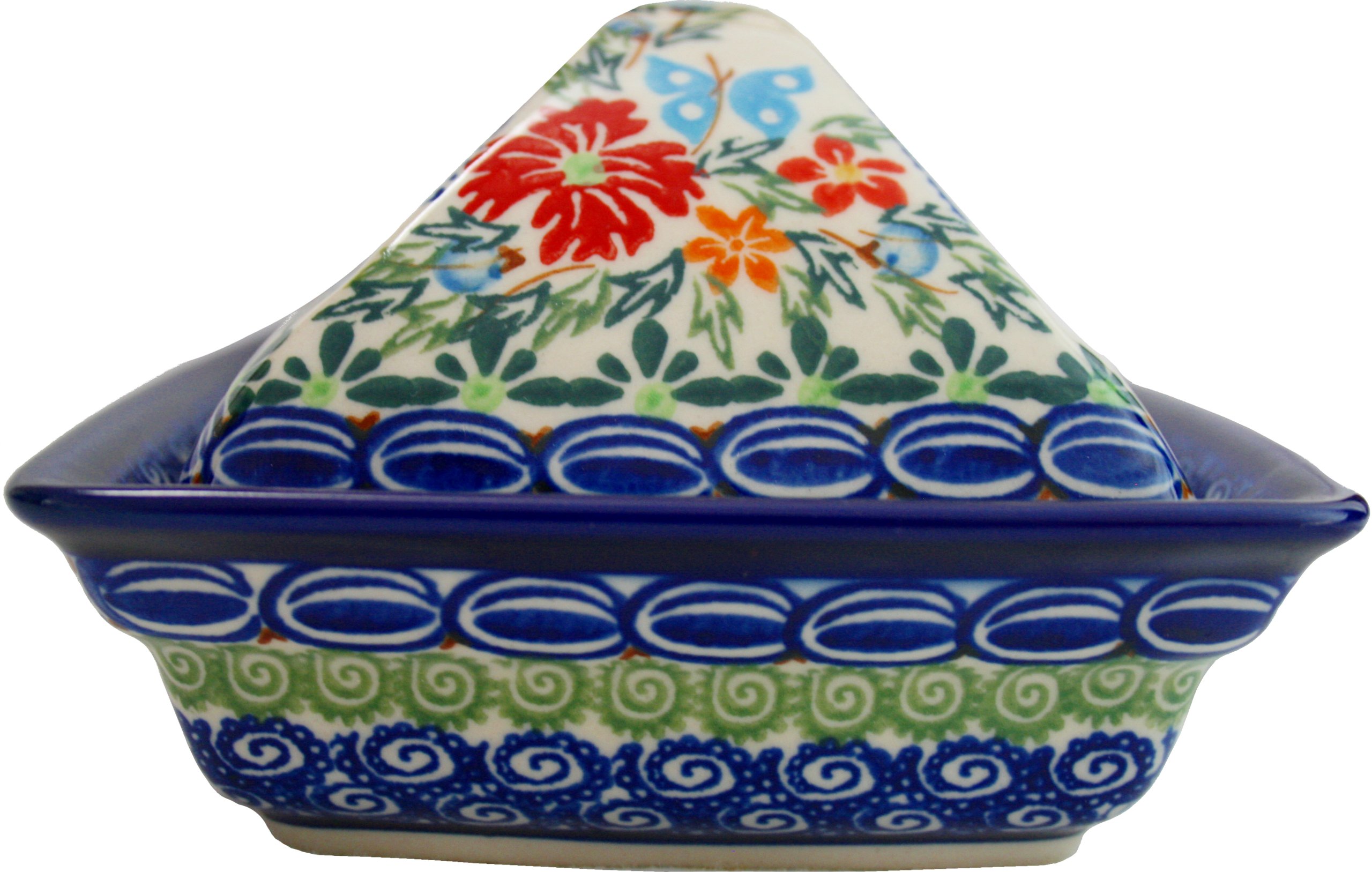 Polish Pottery Ceramika Boleslawiec, 0352/238, Butter Dish Deep, 2 Cubes, Royal Blue Patterns with Red Cornflower and Blue Butterflies Motif