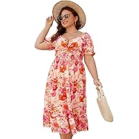 Women Plus Size Boho V-Neck Dress: Boho Floral Wrap Skirt Deep V Neck Midi Dress Puff Short Sleeve A Line Dresses