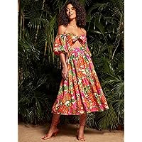 Dresses for Women Dress Women's Dress Tropical Print Cut Out Off Shoulder Halter Dress Dress (Color : Multicolor, Size : X-Small)