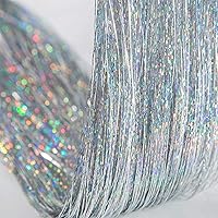 Shining Silver Fairy Hair Tinsel 47 Inch 750 Strands Tinsel Hair Extensions, Hair Glitter Extensions, Sparkly Hair Hair Tinsel Strands Kit Fairy For Children Girls Women With Tools (Silver)