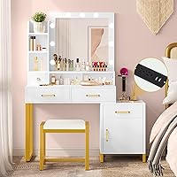 DWVO 41.2inch Vanity Desk with Mirror and Lights, Makeup Vanity with Lights and Drawers, Vanity Mirror with Lights and Table Set, 3 Color Adjustable Lighting Brightness & Power Outlet, White