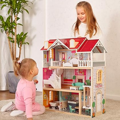 TOP BRIGHT Wooden Dollhouse with Elevator Dream Doll House for Little Girls 5 Year Olds