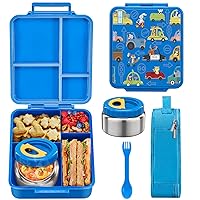 MAISON HUIS Bento Lunch Box for Kids With 8oz Soup Thermo, Leakproof Lunch Compartment Containers with 4 Compartment Bento Box, Thermo Food Jar and Lunch Bag, BPA Free,Travel, School(Animal Driving)