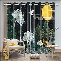 Elegant Lotus Blackout Curtains Moon Green Lotus Leaves Mountains Flying Crane Window Curtains Gold Powder Window Treatment Drapes for Bedroom Living Room Kitchen Decor,21x45 inch,2 Panels