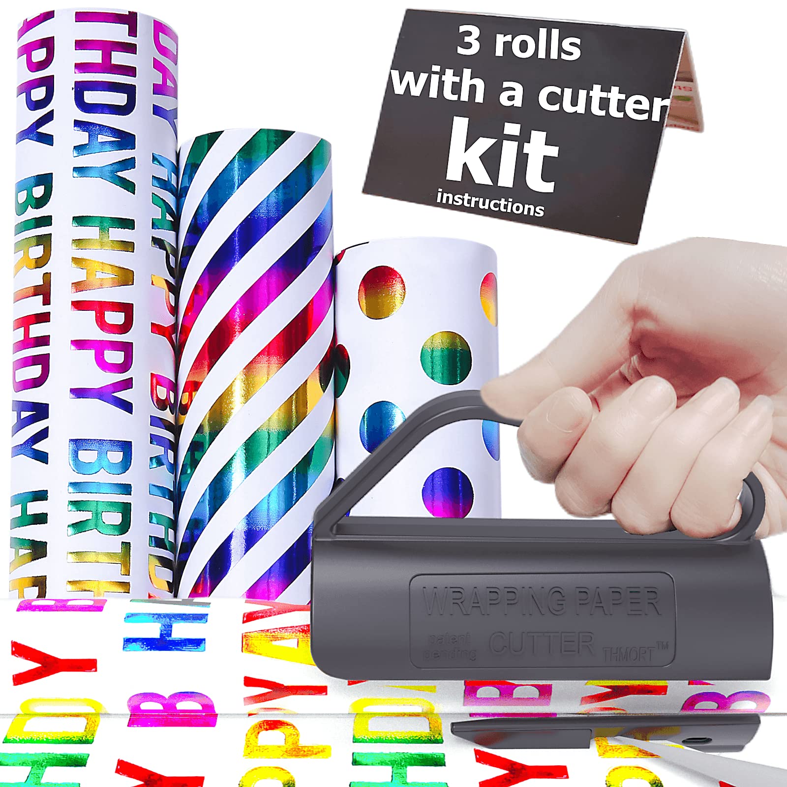 THMORT Birthday Wrapping Paper Roll with a Cutter Kit for Boys&Girls,Adults,Kids Foil mini rolls 17 Inch X 120 Inch Gift Wrapping Paper Roll Colorful Foil Rainbow Silver Happy Birthday Lettering.