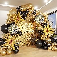 Black and Gold Balloon Garland Arch Kit with Gold Starburst Balloons Disco Ball Foil Balloons, Gold Confetti Latex Balloons for Graduation Anniversary Birthday Party Decorations