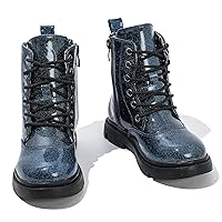WUIWUIYU Boys Girls Glitter Mid-calf Ankle Boots Lace-up High-Top Combat Boot with Side Zipper (Toddler/Little Kid/Big Kid)
