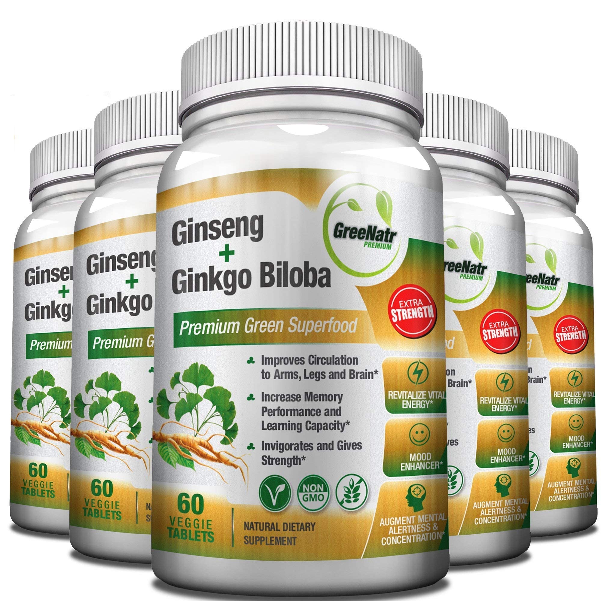 Panax Ginseng + Ginkgo Biloba Tablets – Premium Non-GMO/Veggie Superfood – Traditional Energy Booster and Brain Sharpener – Unique Twin Supplement ...