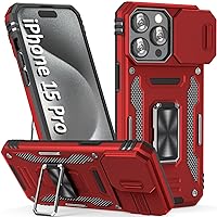 Case for iPhone 15 Pro Phone Case iPhone 15 Pro Case with Slide Camera Cover, with Finger Ring Holder Stand, fit Magnetic Car Mount, for iPhone 15 Pro (Red)