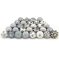 Grey Decorative Floral Cabinet Knobs - Pack of 20 Pcs - Brass Steel Door Handle Blue Pottery Flower Handmade Home Decor Hardware, Gray, D - 1.7 x L - 2.5 Inches, DKB00004-P20