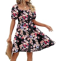 Womens Dresses Square Neck Puff Sleeve Casual Loose Spring A-Line Dresses