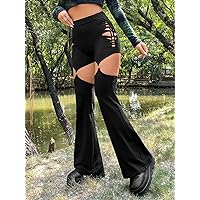 Women's Dress Grunge Cut Out O-Ring Detail Flare Leg Pants (Color : Black, Size : Small)