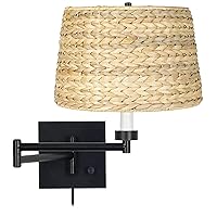Franklin Iron Works Modern Indoor Swing Arm Wall Lamp with Cord Espresso Plug-in Light Fixture Dimmable Woven Seagrass Drum Shade for Bedroom Bedside House Reading Living Room Home Hallway Dining