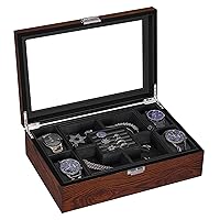 BEWISHOME Jewelry Box for Men, Mens Jewelry Box with Glass Top, Wooden Watch Box Organizer with Smooth Faux Leather Interior, Jewelry Display Case for Earrings Rings Bracelets Watches, Brown SSH07Y